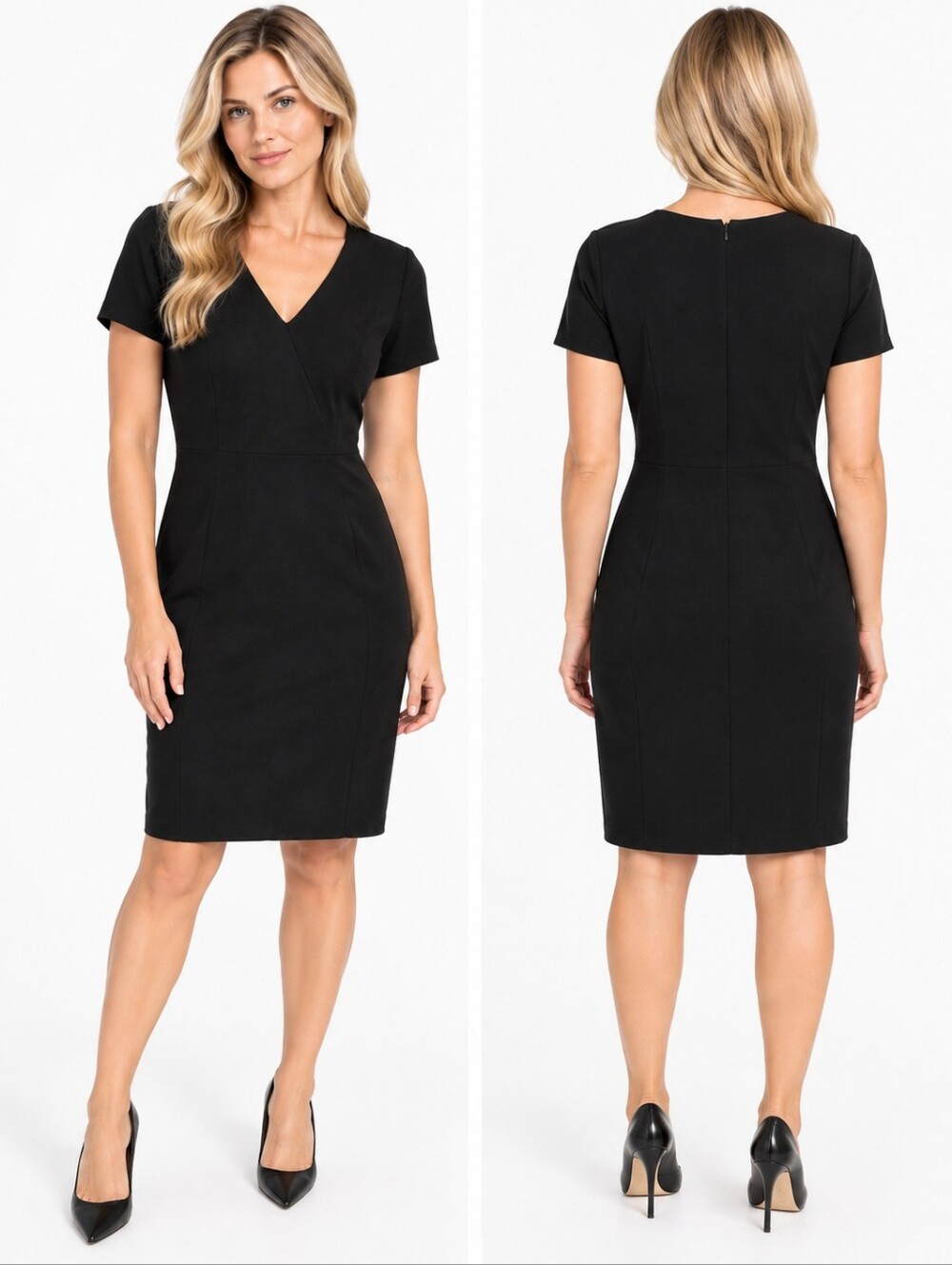 Theory Black V-Neck Short Sleeve Sheath Dress Women Size 6 Elegant Classic